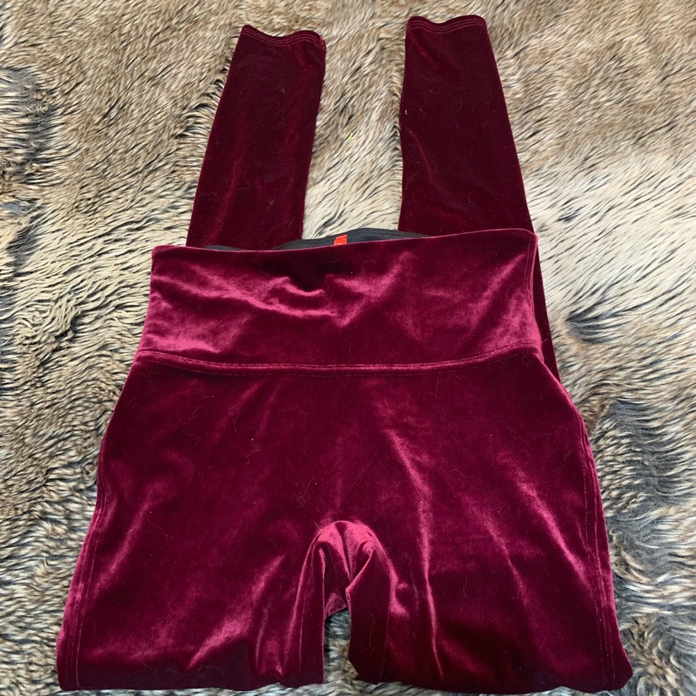 SPANX RICH BURGUNDY HIGH WAIST VELVET VELOUR LEGGINGS PANTS SIZE M